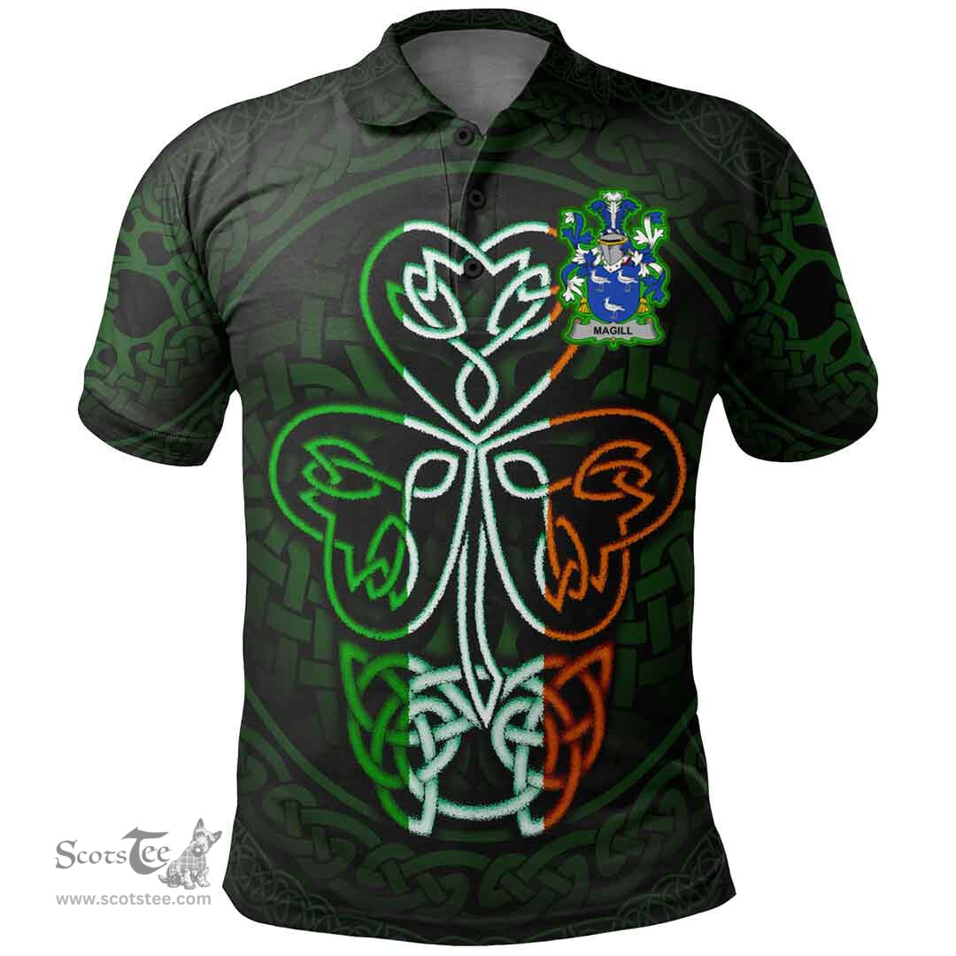ScotsTee Shop Irish Magill Coat of Arms Irish Polo Shirt Celtic Knot And Green, White and Orange Shamrock