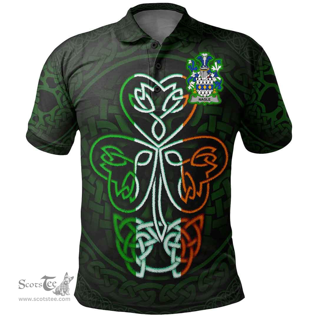 ScotsTee Shop Irish Nagle Coat of Arms Irish Polo Shirt Celtic Knot And Green, White and Orange Shamrock
