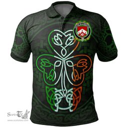 ScotsTee Shop Irish House of O'MEEHAN Coat of Arms Irish Polo Shirt Celtic Knot And Green, White and Orange Shamrock