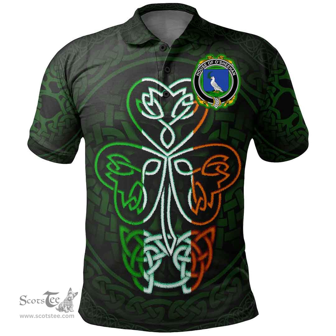 ScotsTee Shop Irish House of O'SHEEHAN Coat of Arms Irish Polo Shirt Celtic Knot And Green, White and Orange Shamrock