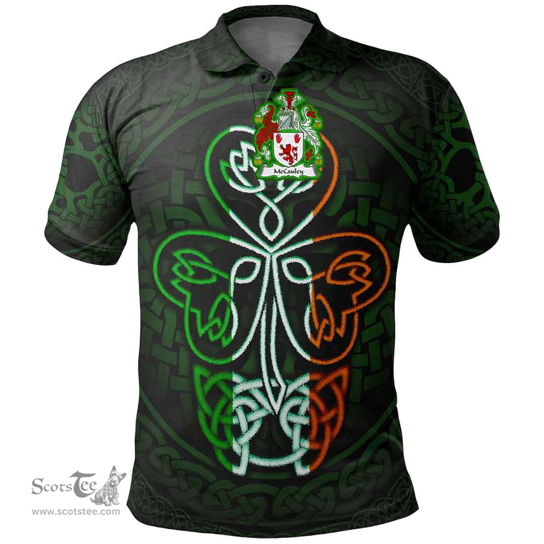 ScotsTee Shop Irish McCauley Coat of Arms Irish Polo Shirt Celtic Knot And Green, White and Orange Shamrock