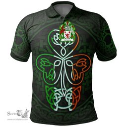 ScotsTee Shop Irish McCauley Coat of Arms Irish Polo Shirt Celtic Knot And Green, White and Orange Shamrock