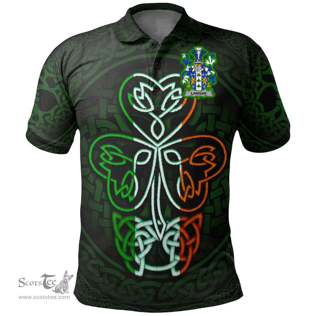 ScotsTee Shop Irish Lanigan or O'Lenigan Coat of Arms Irish Polo Shirt Celtic Knot And Green, White and Orange Shamrock