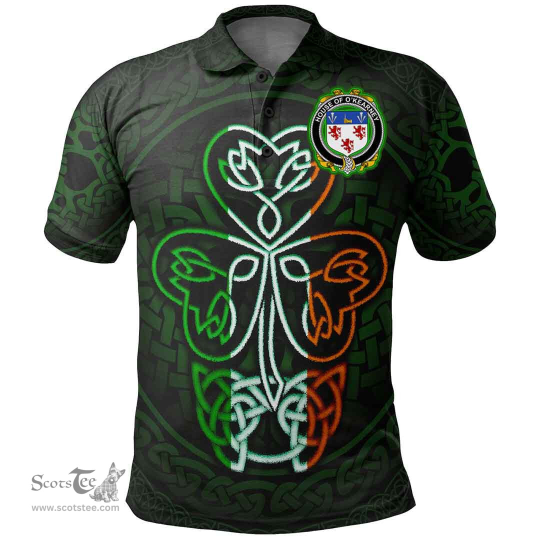 ScotsTee Shop Irish House of O'KEARNEY Coat of Arms Irish Polo Shirt Celtic Knot And Green, White and Orange Shamrock