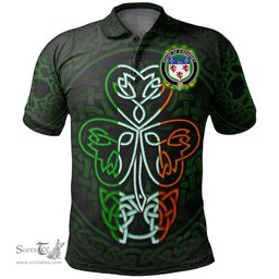 ScotsTee Shop Irish House of O'KEARNEY Coat of Arms Irish Polo Shirt Celtic Knot And Green, White and Orange Shamrock