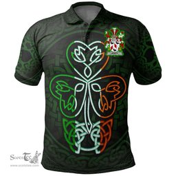 ScotsTee Shop Irish Levett or Lyvett Coat of Arms Irish Polo Shirt Celtic Knot And Green, White and Orange Shamrock