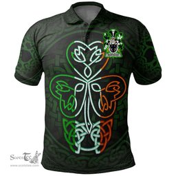 ScotsTee Shop Irish Murtaugh Coat of Arms Irish Polo Shirt Celtic Knot And Green, White and Orange Shamrock