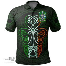 ScotsTee Shop Irish Waters Coat of Arms Irish Polo Shirt Celtic Knot And Green, White and Orange Shamrock