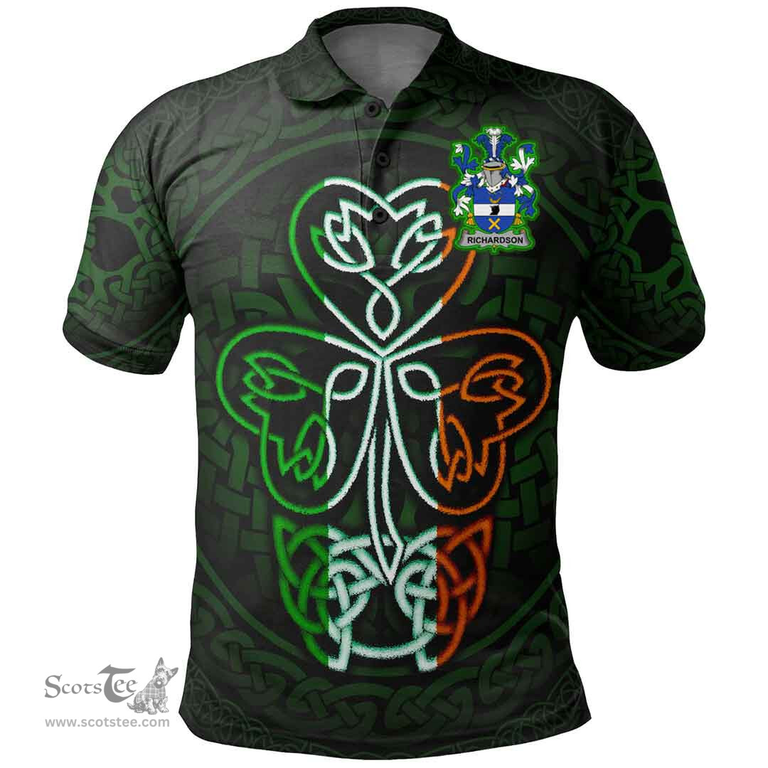 ScotsTee Shop Irish Richardson Coat of Arms Irish Polo Shirt Celtic Knot And Green, White and Orange Shamrock