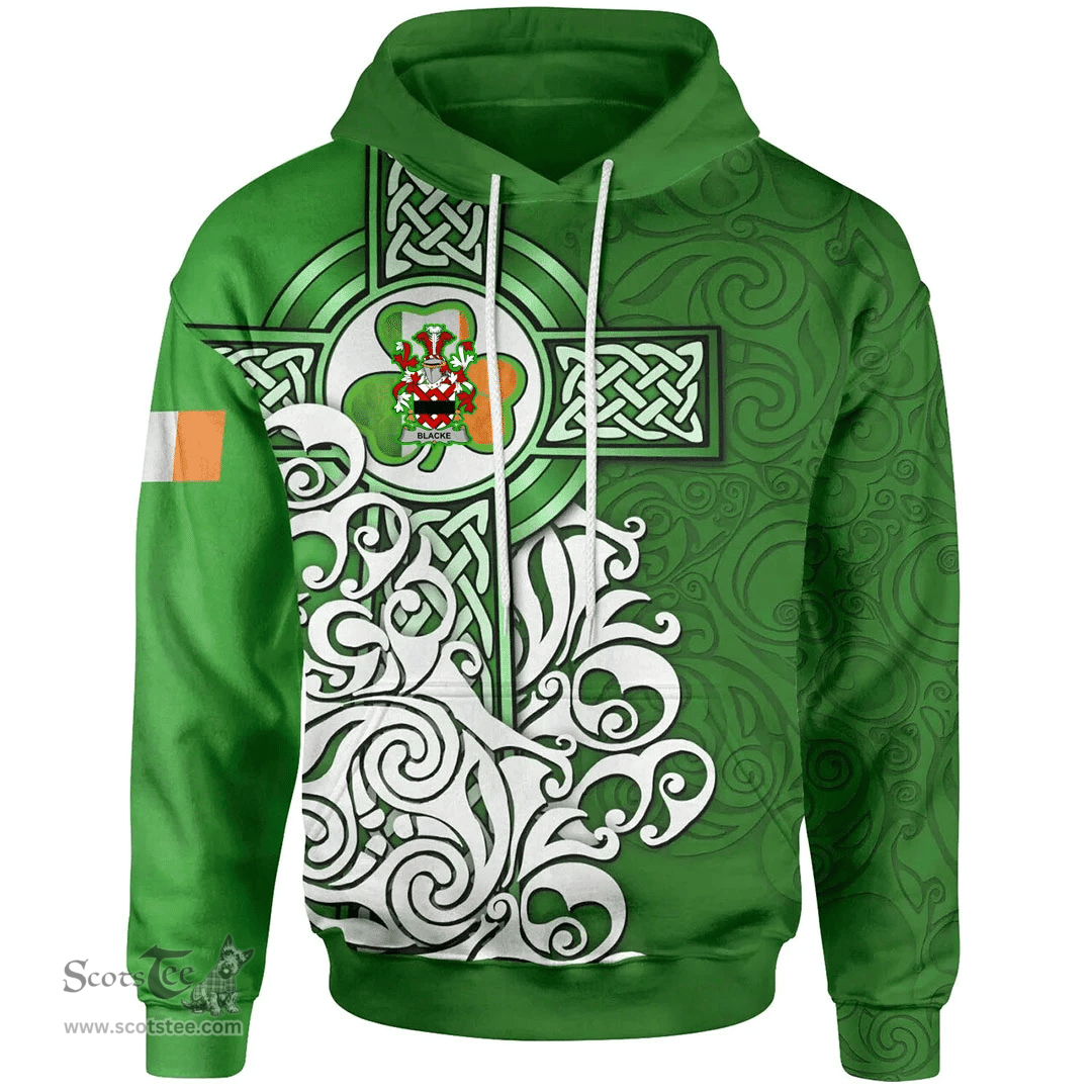 ScotsTee Shop Irish Blacke Coat of Arms Irish Hoodie Celtic Irish Shamrock Flag With Celtic Cross