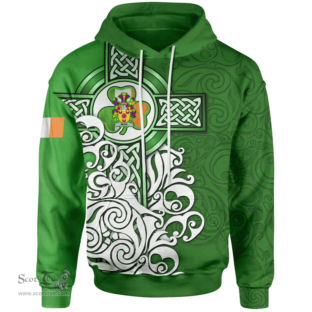 ScotsTee Shop Irish Begg Coat of Arms Irish Hoodie Celtic Irish Shamrock Flag With Celtic Cross