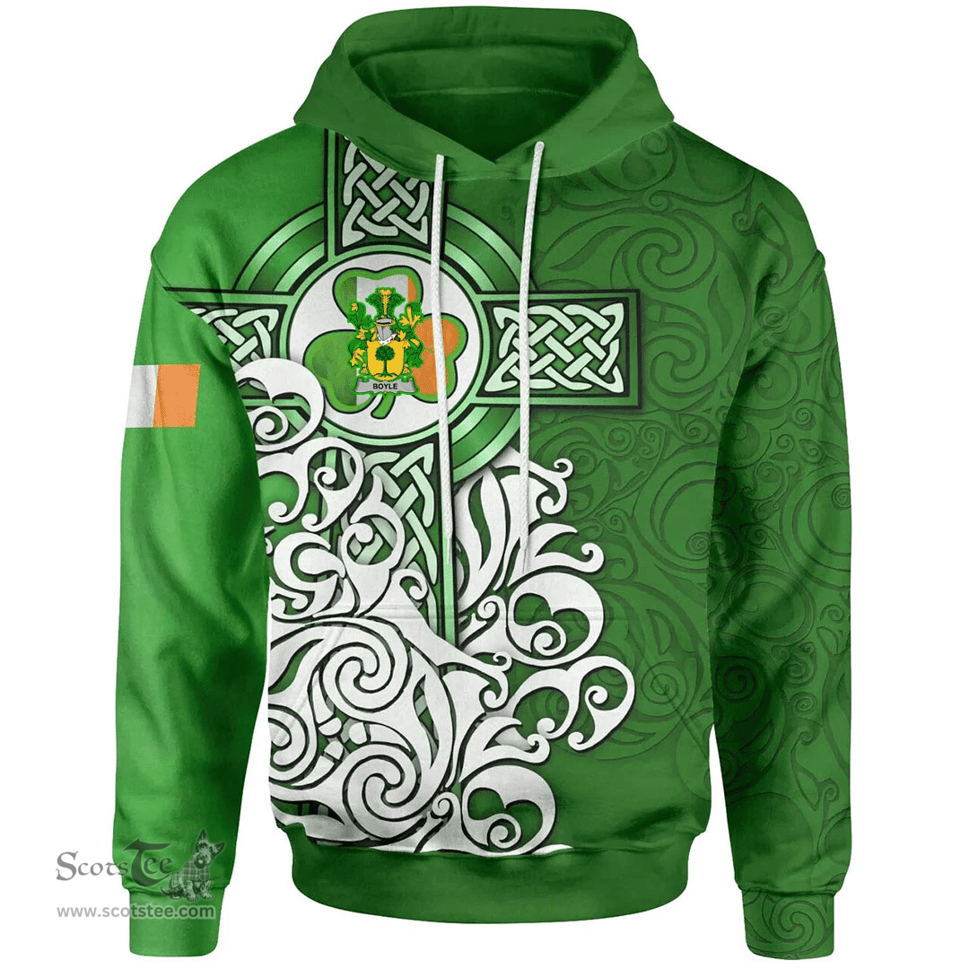ScotsTee Shop Irish Boyle or O'Boyle Coat of Arms Irish Hoodie Celtic Irish Shamrock Flag With Celtic Cross