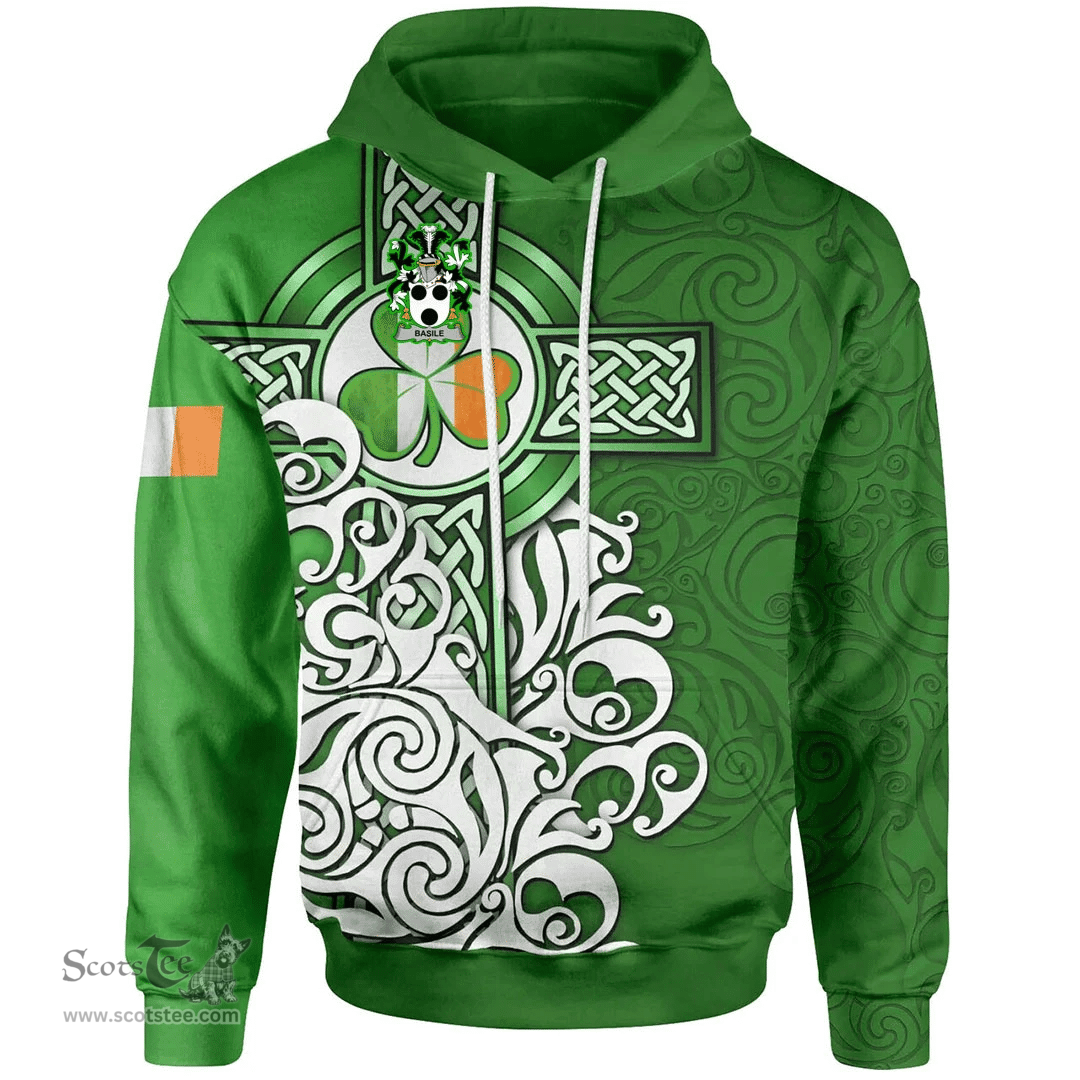 ScotsTee Shop Irish Basile Coat of Arms Irish Hoodie Celtic Irish Shamrock Flag With Celtic Cross