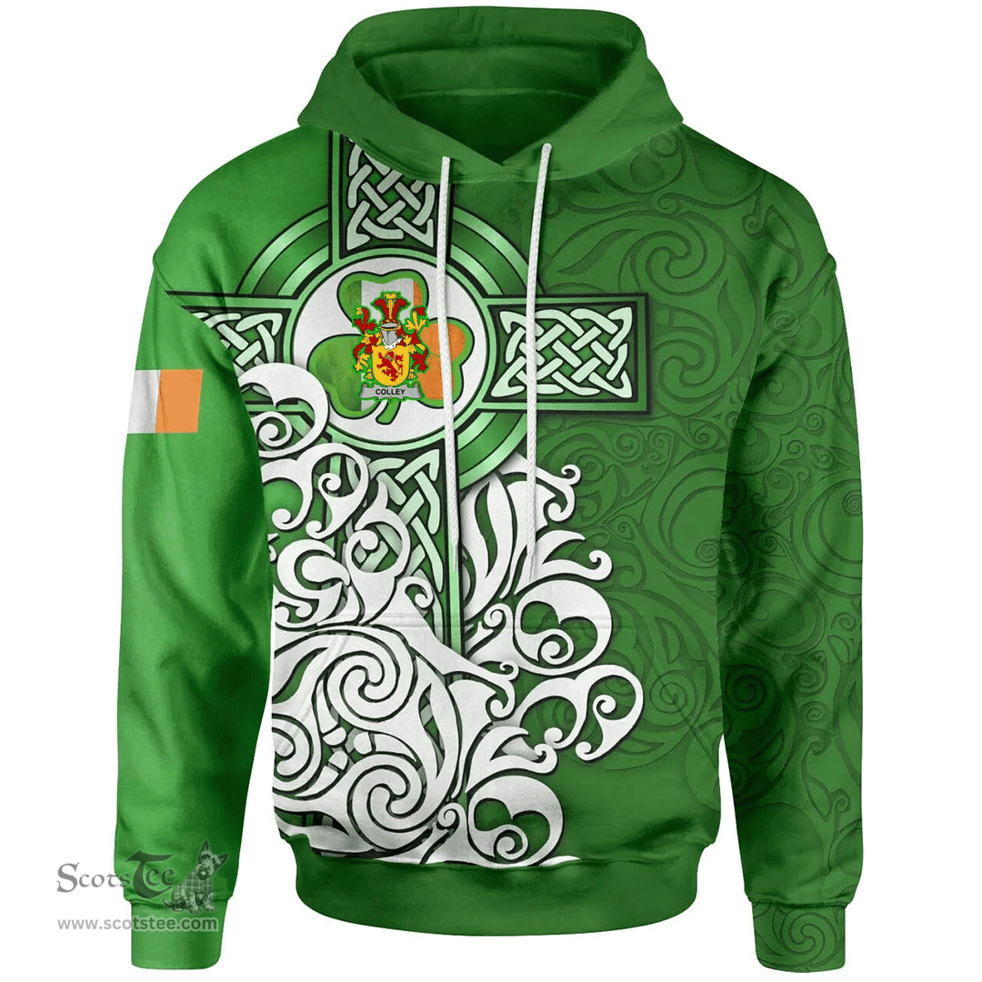 ScotsTee Shop Irish Colley or McColley Coat of Arms Irish Hoodie Celtic Irish Shamrock Flag With Celtic Cross
