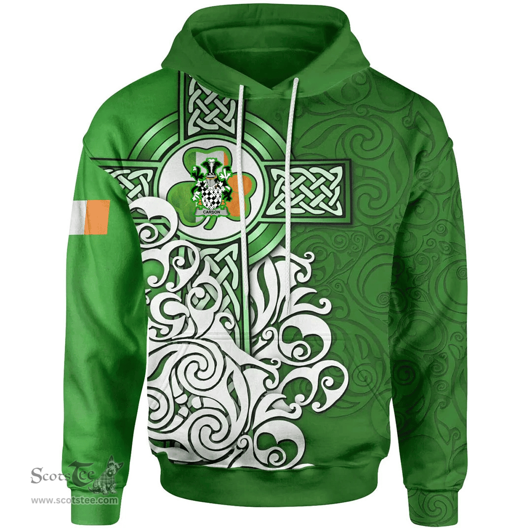 ScotsTee Shop Irish Carson Coat of Arms Irish Hoodie Celtic Irish Shamrock Flag With Celtic Cross
