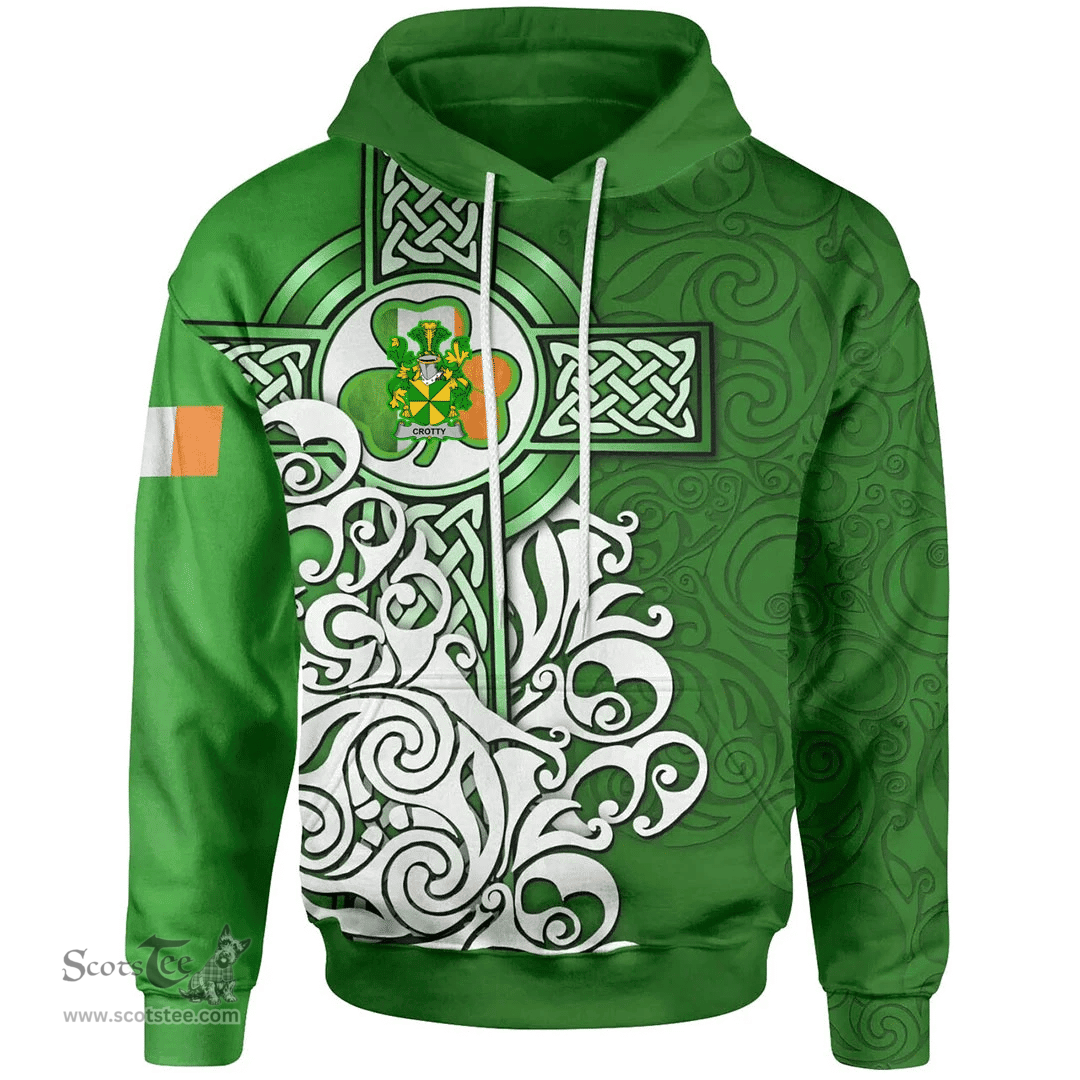 ScotsTee Shop Irish Crotty or O'Crotty Coat of Arms Irish Hoodie Celtic Irish Shamrock Flag With Celtic Cross