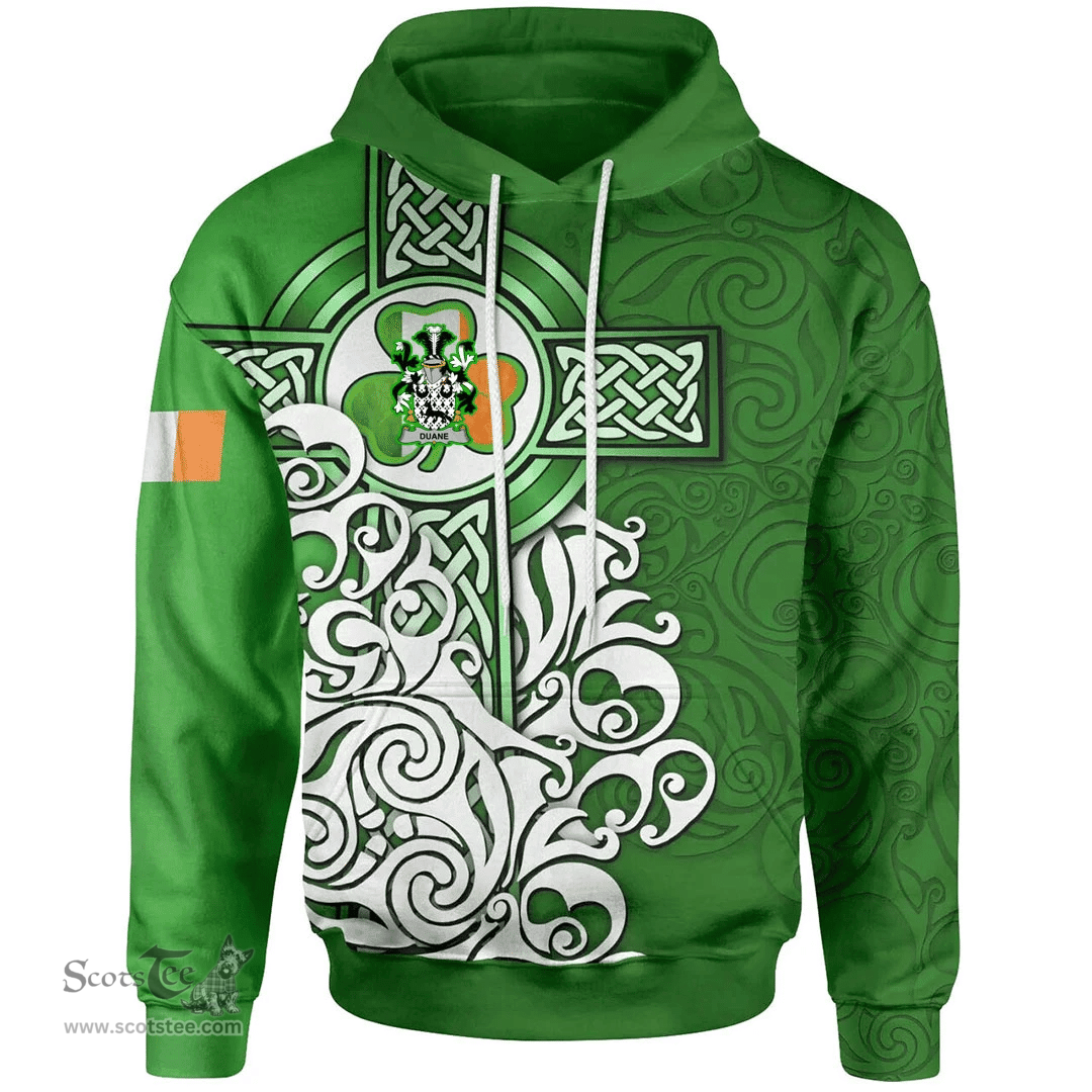 ScotsTee Shop Irish Duane or O'Devine Coat of Arms Irish Hoodie Celtic Irish Shamrock Flag With Celtic Cross
