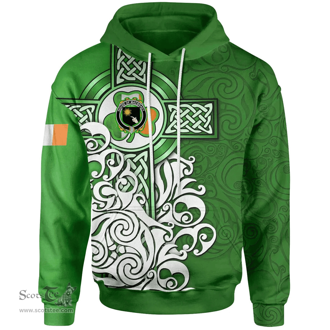 ScotsTee Shop Irish House of MACBRADY Coat of Arms Irish Hoodie Celtic Irish Shamrock Flag With Celtic Cross