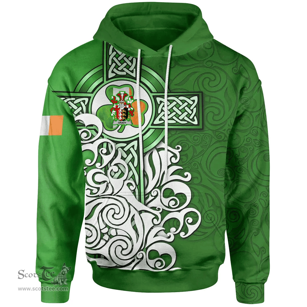 ScotsTee Shop Irish Grady or O'Grady Coat of Arms Irish Hoodie Celtic Irish Shamrock Flag With Celtic Cross
