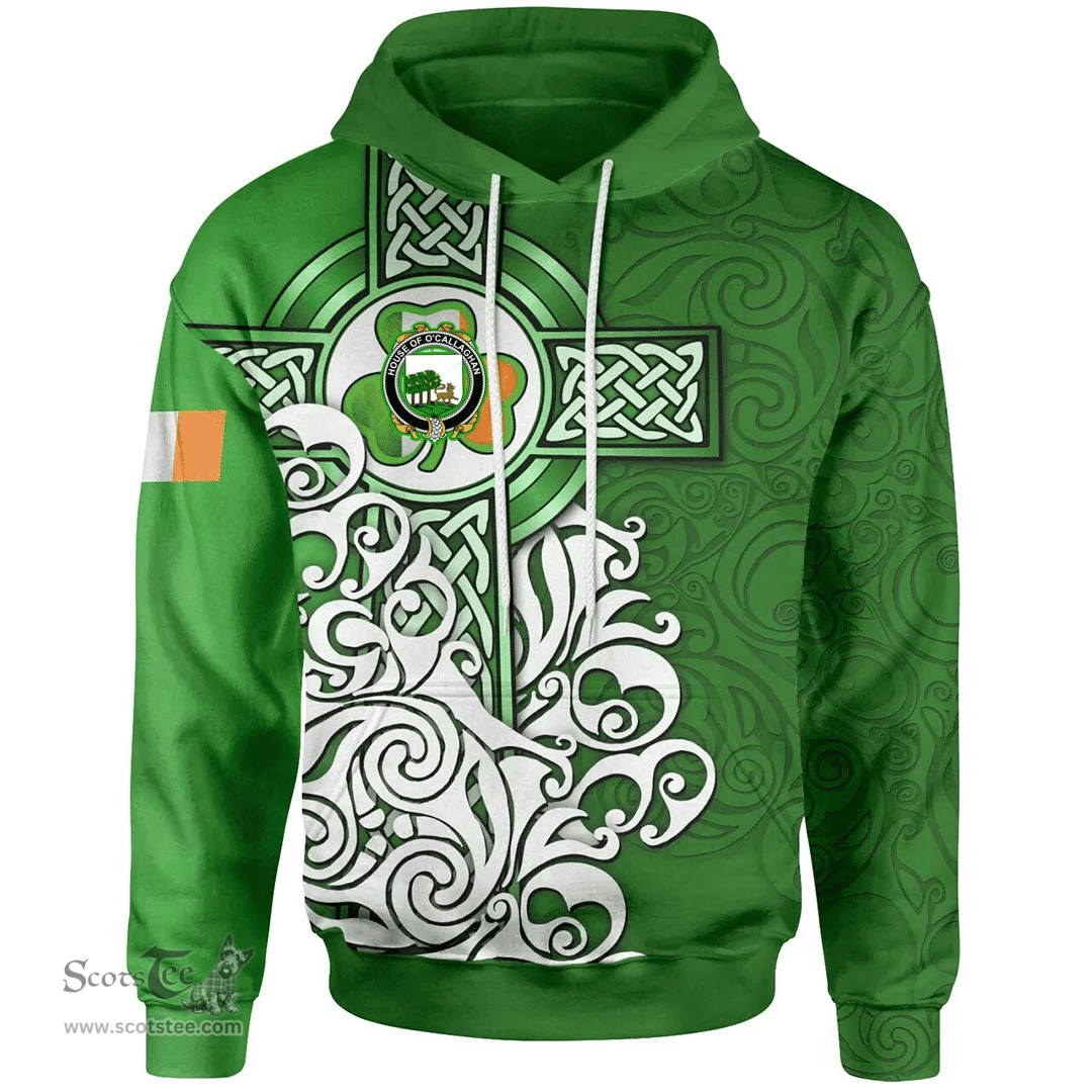 ScotsTee Shop Irish House of O'CALLAGHAN Coat of Arms Irish Hoodie Celtic Irish Shamrock Flag With Celtic Cross