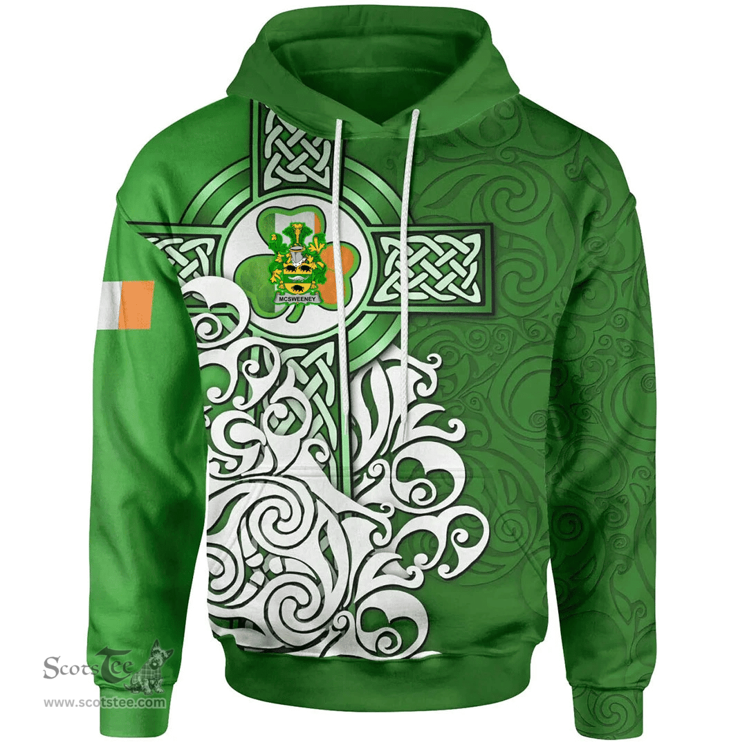 ScotsTee Shop Irish McSweeney Coat of Arms Irish Hoodie Celtic Irish Shamrock Flag With Celtic Cross