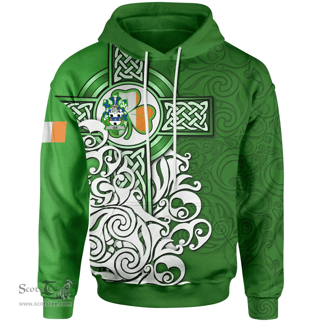 ScotsTee Shop Irish Lea or McLea Coat of Arms Irish Hoodie Celtic Irish Shamrock Flag With Celtic Cross