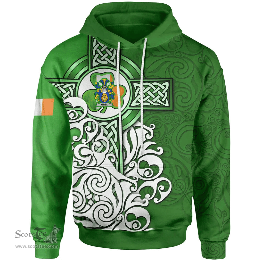 ScotsTee Shop Irish Mihill Coat of Arms Irish Hoodie Celtic Irish Shamrock Flag With Celtic Cross