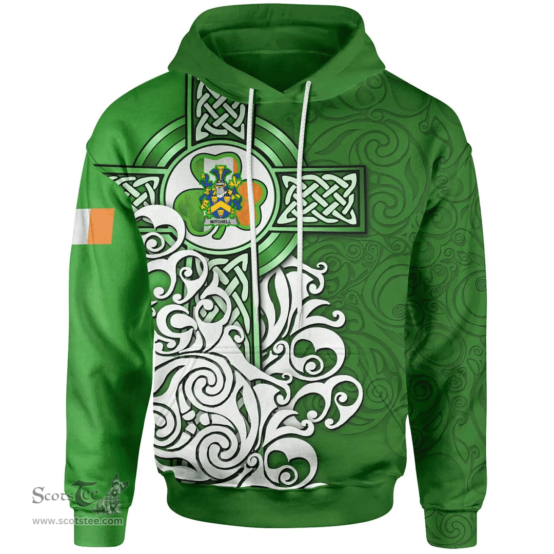 ScotsTee Shop Irish Mitchell Coat of Arms Irish Hoodie Celtic Irish Shamrock Flag With Celtic Cross