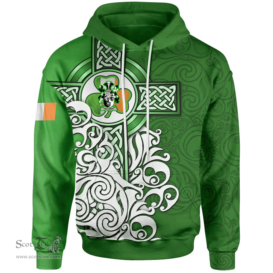 ScotsTee Shop Irish Palliser Coat of Arms Irish Hoodie Celtic Irish Shamrock Flag With Celtic Cross