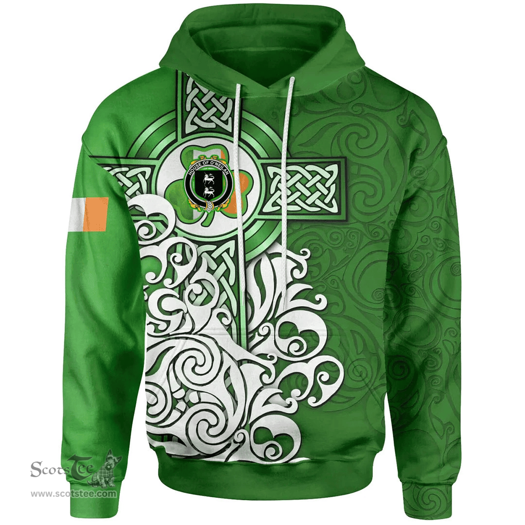ScotsTee Shop Irish House of O'NEILAN Coat of Arms Irish Hoodie Celtic Irish Shamrock Flag With Celtic Cross