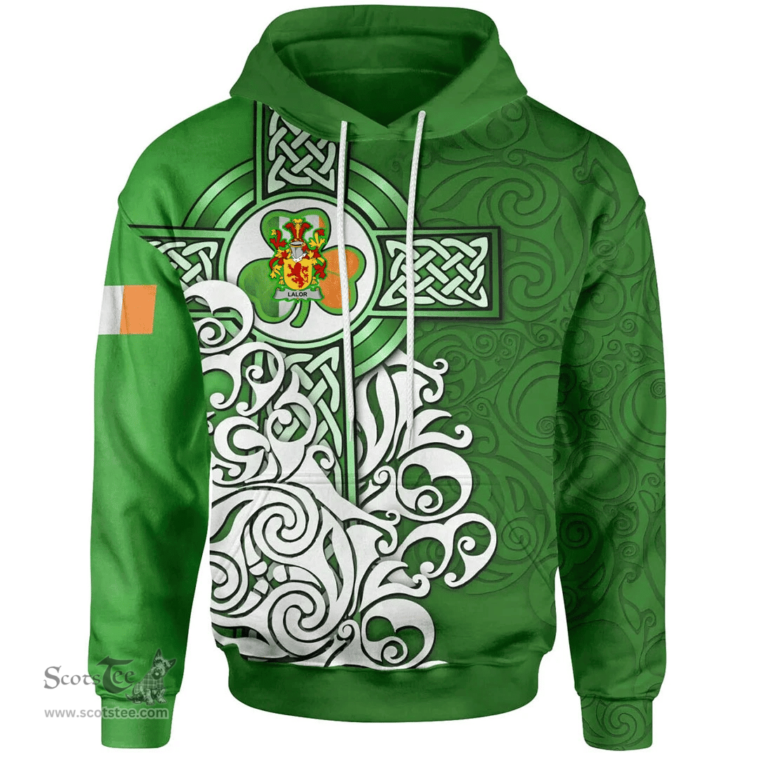 ScotsTee Shop Irish Lalor or O'Lawlor Coat of Arms Irish Hoodie Celtic Irish Shamrock Flag With Celtic Cross