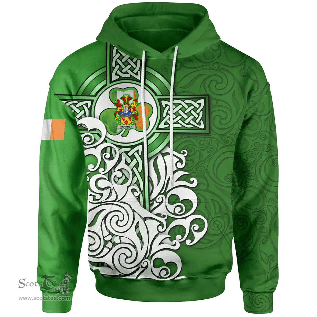 ScotsTee Shop Irish Kearney or O'Kearney Coat of Arms Irish Hoodie Celtic Irish Shamrock Flag With Celtic Cross