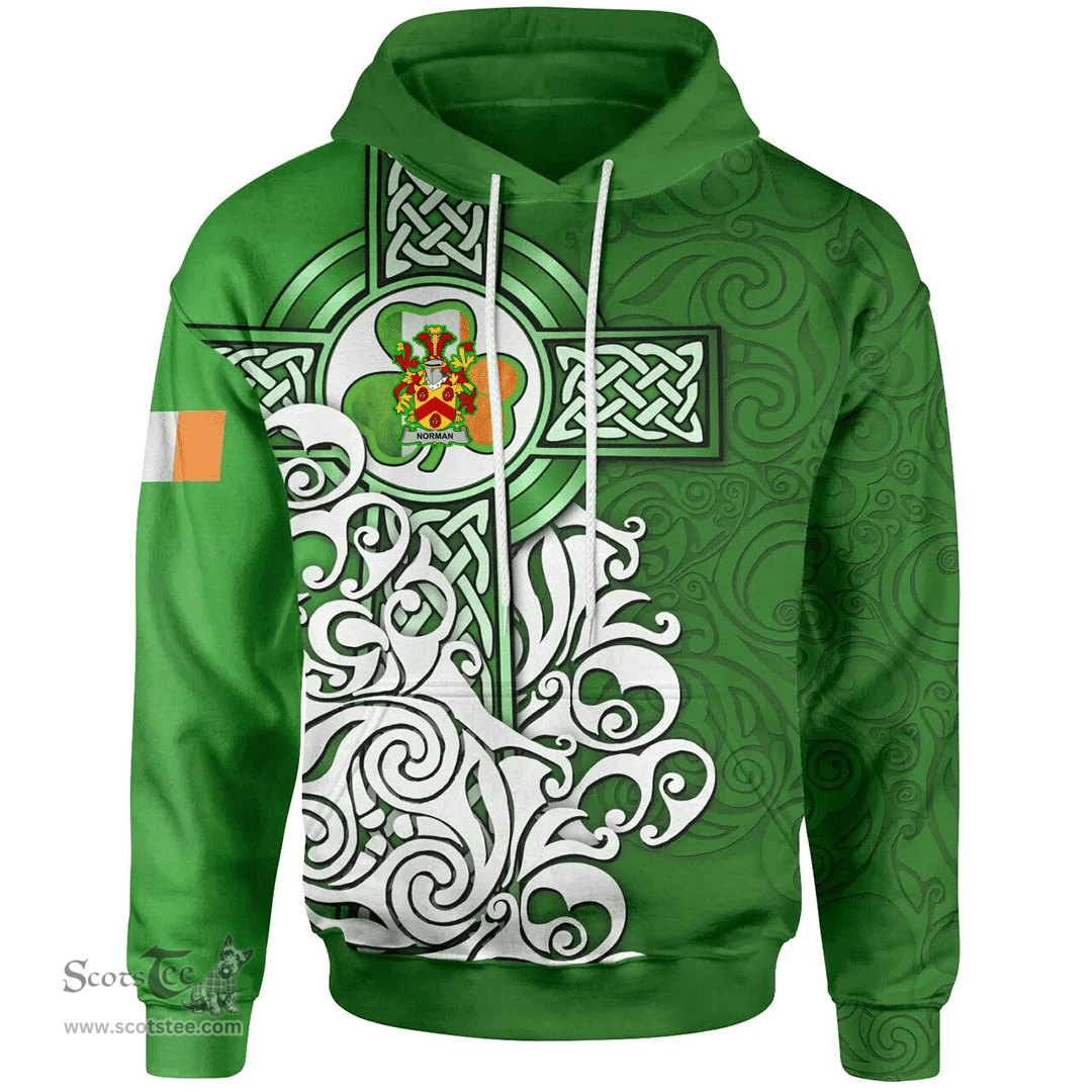 ScotsTee Shop Irish Norman Coat of Arms Irish Hoodie Celtic Irish Shamrock Flag With Celtic Cross