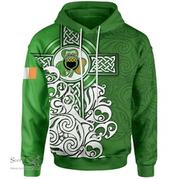 ScotsTee Shop Irish House of O'HOGAN Coat of Arms Irish Hoodie Celtic Irish Shamrock Flag With Celtic Cross