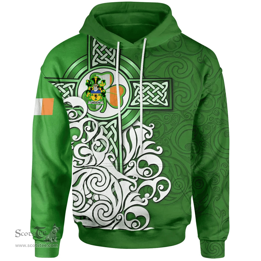 ScotsTee Shop Irish Lincolne Coat of Arms Irish Hoodie Celtic Irish Shamrock Flag With Celtic Cross