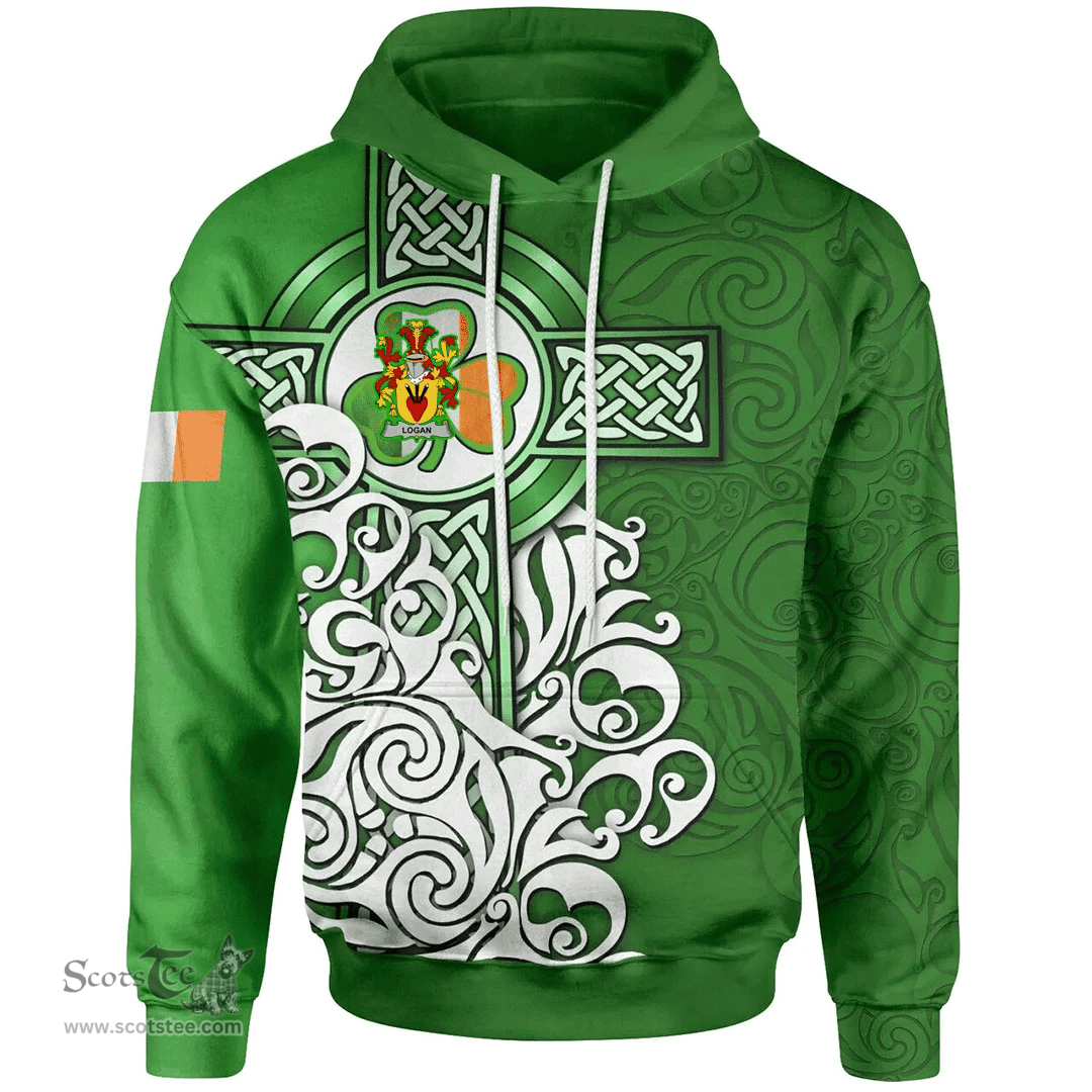 ScotsTee Shop Irish Logan Coat of Arms Irish Hoodie Celtic Irish Shamrock Flag With Celtic Cross