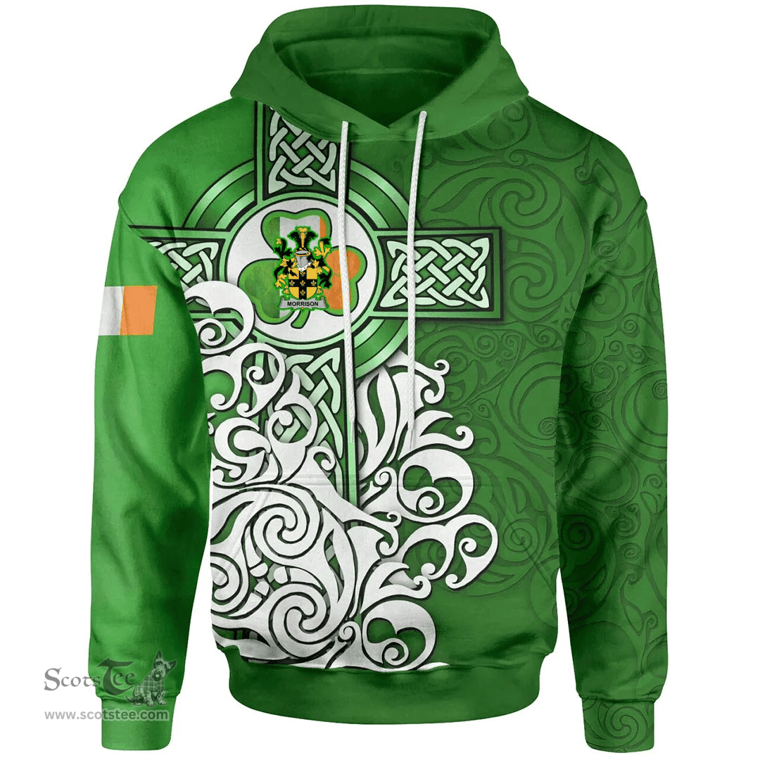ScotsTee Shop Irish Morrison Coat of Arms Irish Hoodie Celtic Irish Shamrock Flag With Celtic Cross