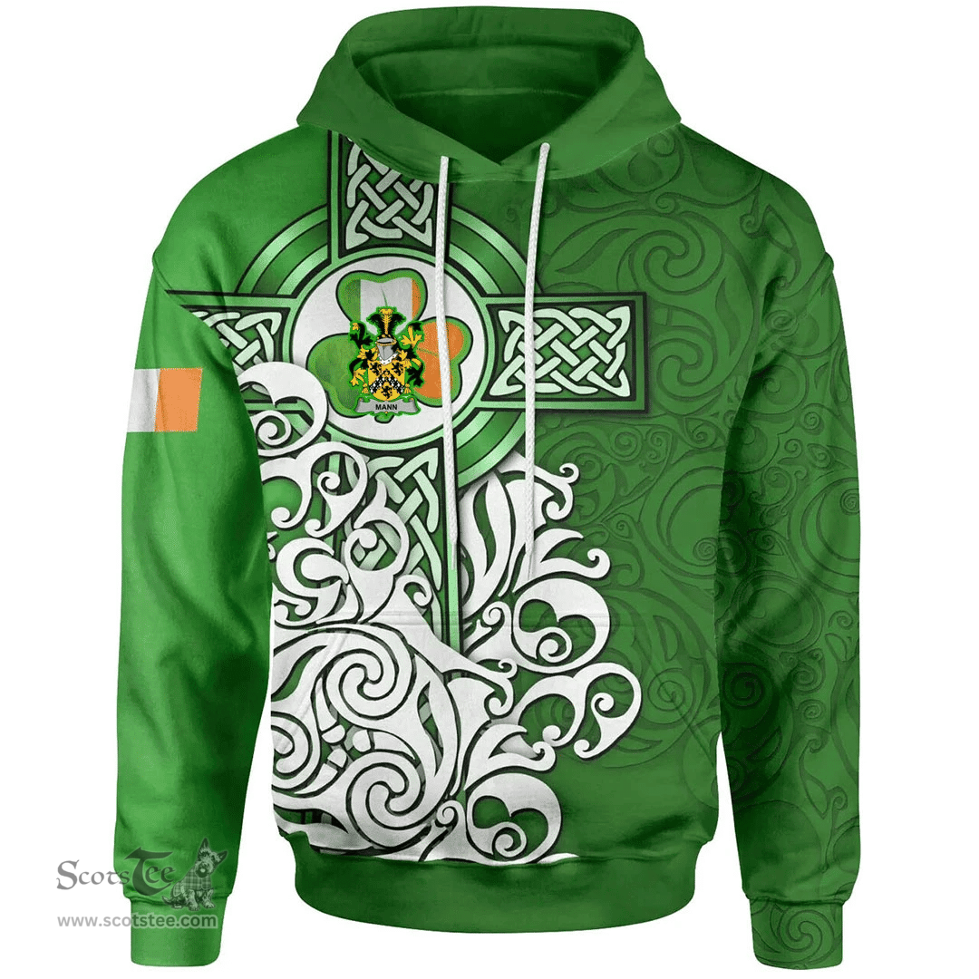 ScotsTee Shop Irish Mann Coat of Arms Irish Hoodie Celtic Irish Shamrock Flag With Celtic Cross