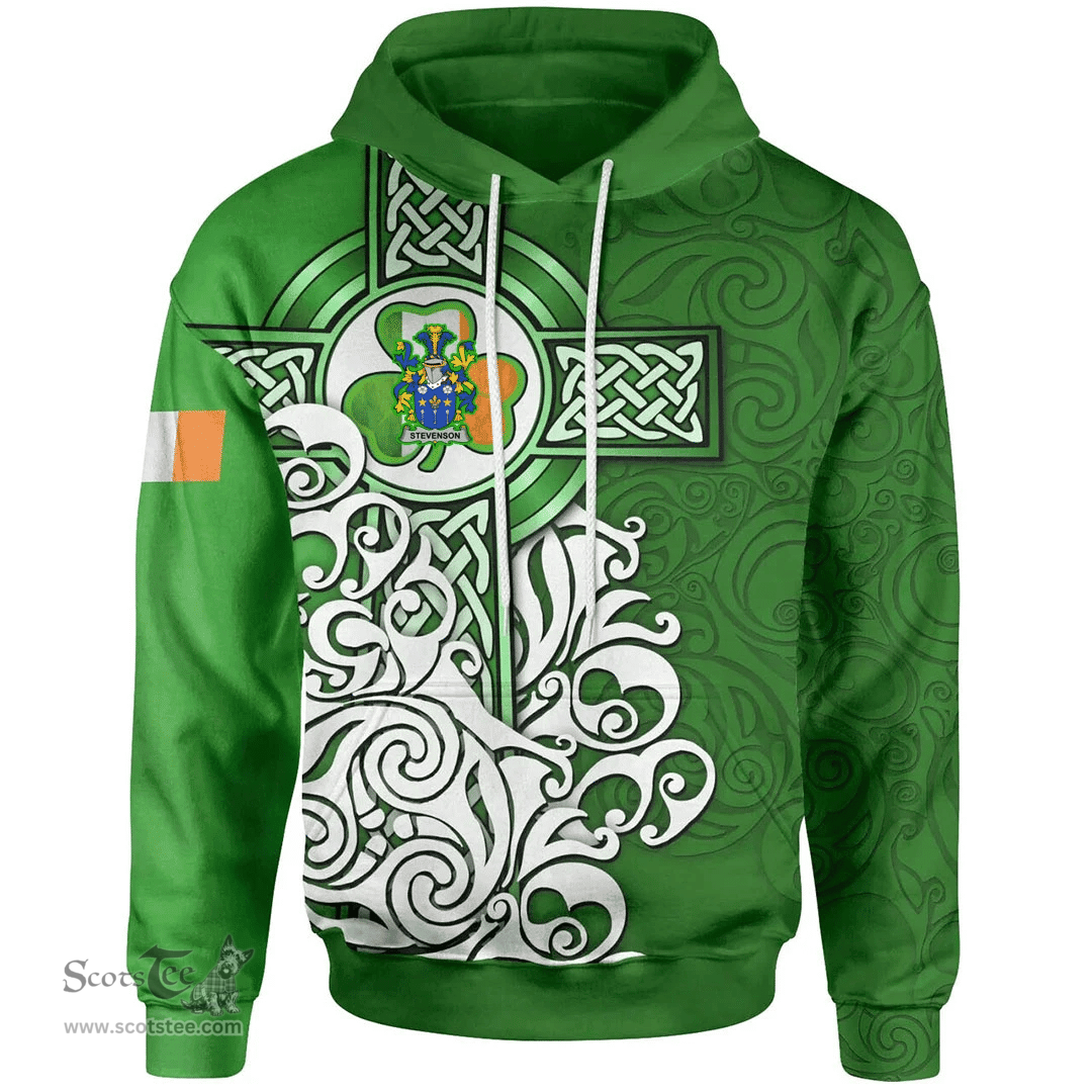 ScotsTee Shop Irish Stevenson Coat of Arms Irish Hoodie Celtic Irish Shamrock Flag With Celtic Cross