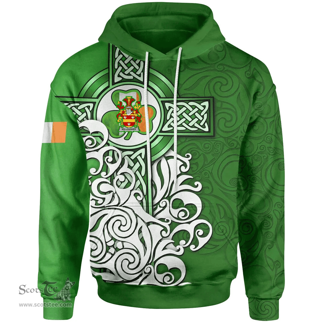 ScotsTee Shop Irish Willoughby Coat of Arms Irish Hoodie Celtic Irish Shamrock Flag With Celtic Cross