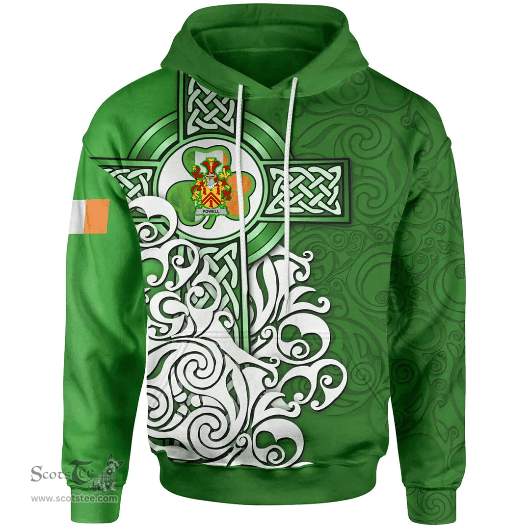 ScotsTee Shop Irish Powell Coat of Arms Irish Hoodie Celtic Irish Shamrock Flag With Celtic Cross