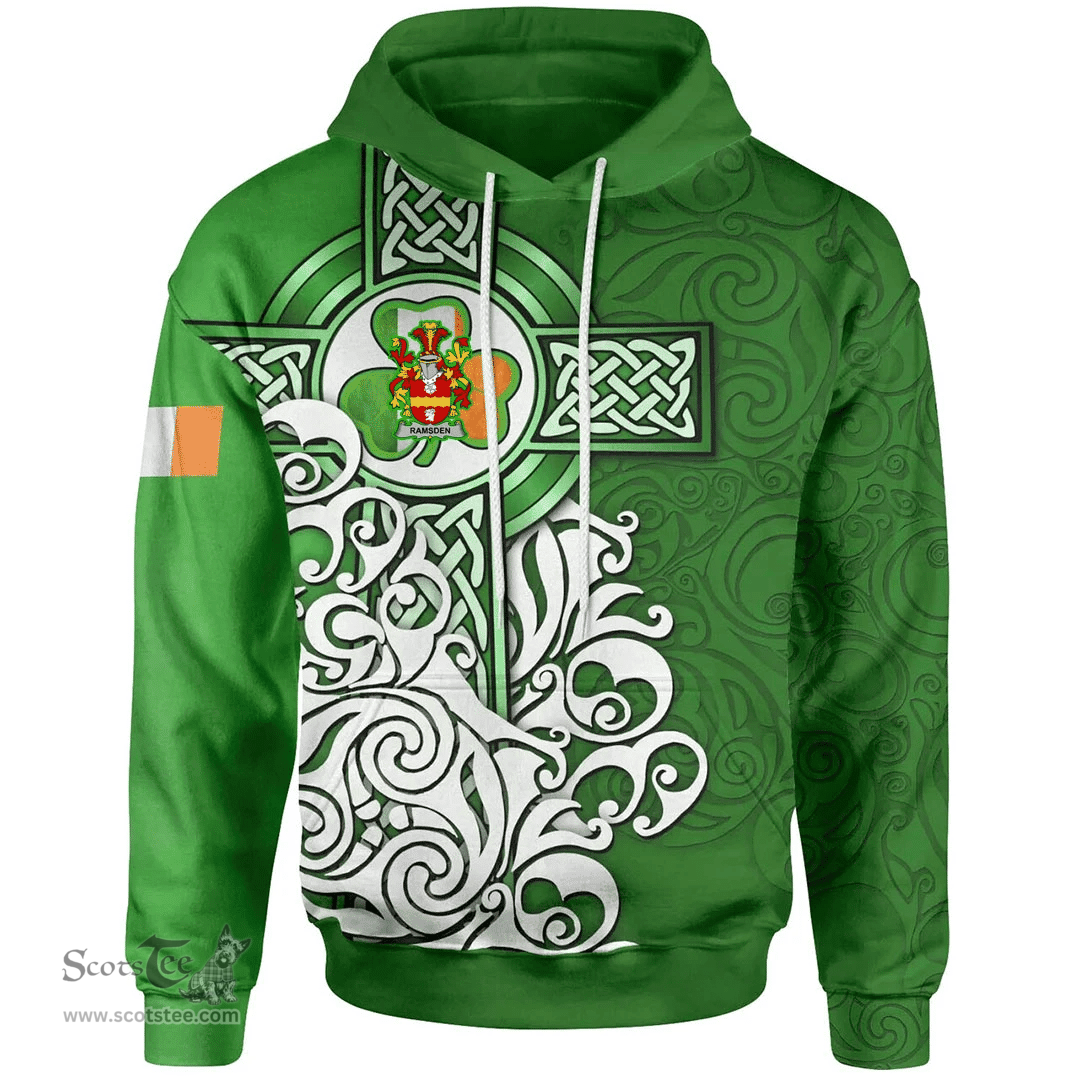 ScotsTee Shop Irish Ramsden Coat of Arms Irish Hoodie Celtic Irish Shamrock Flag With Celtic Cross