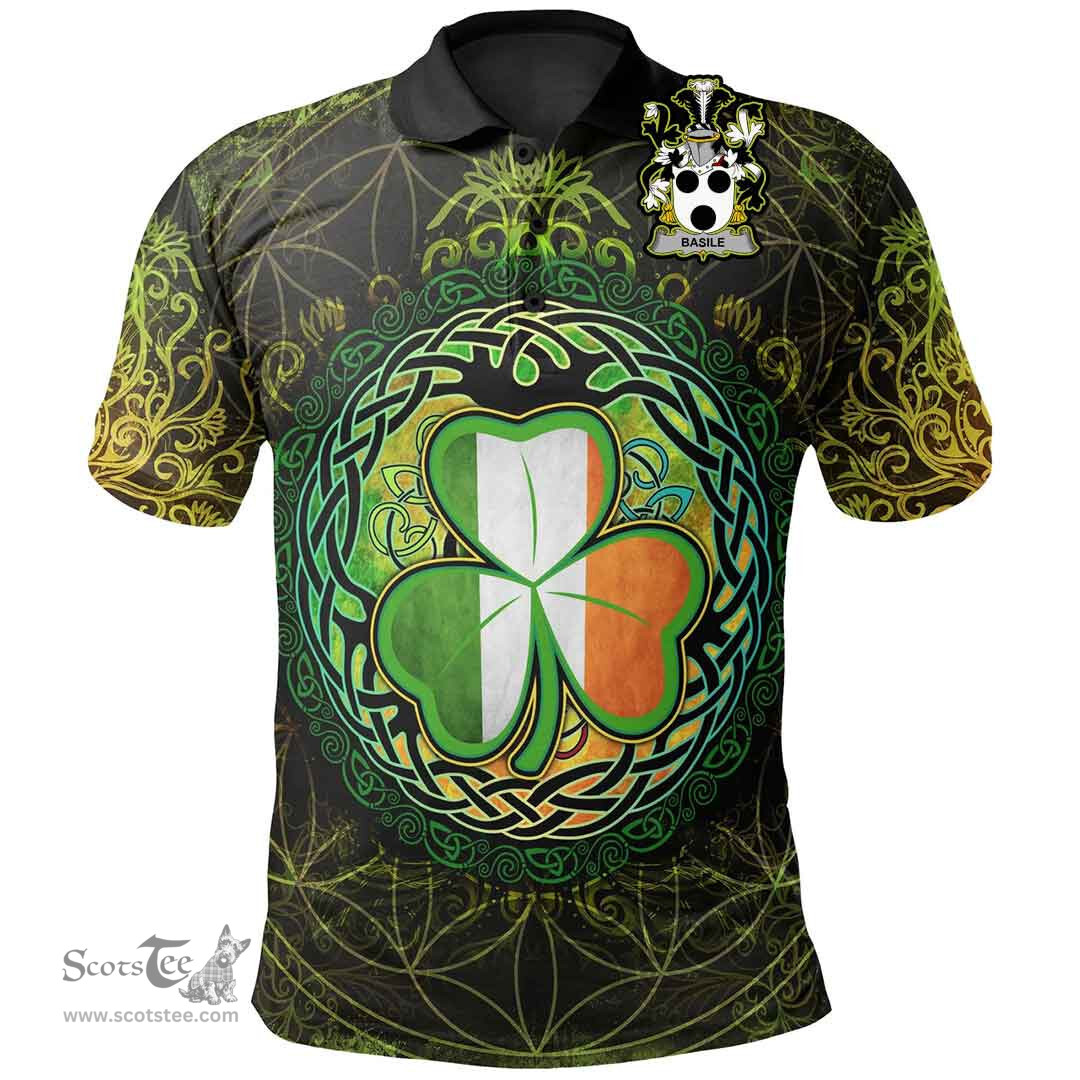 ScotsTee Shop Irish Basile Coat of Arms Irish Polo Shirt Circle Celtic Tree And Shamrock