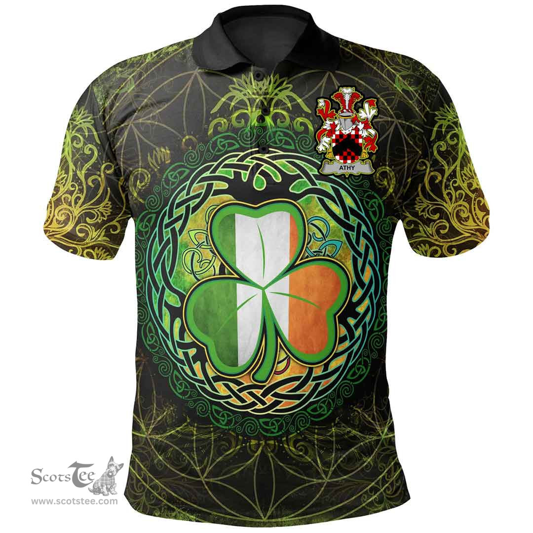 ScotsTee Shop Irish Athy Coat of Arms Irish Polo Shirt Circle Celtic Tree And Shamrock