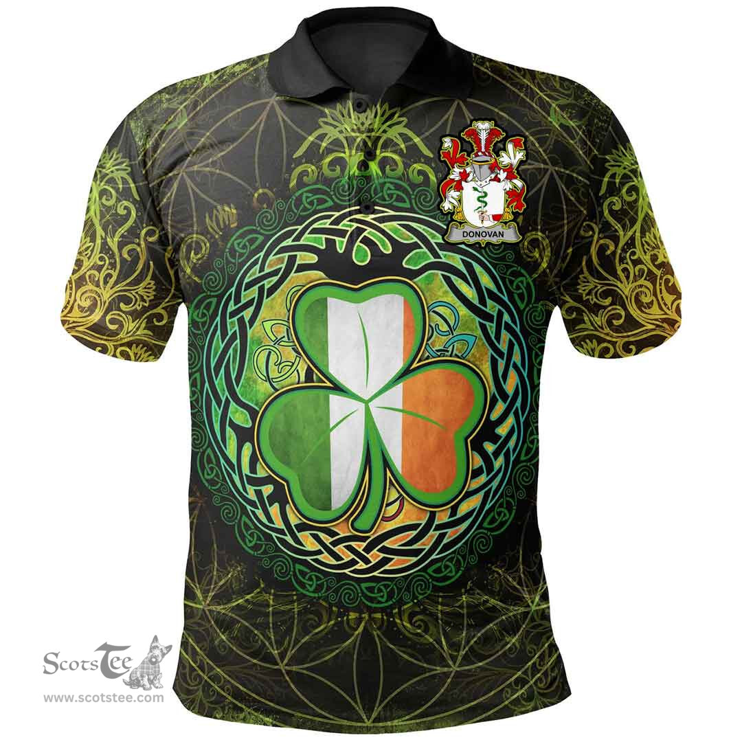 ScotsTee Shop Irish Donovan or O'Donovan Coat of Arms Irish Polo Shirt Circle Celtic Tree And Shamrock