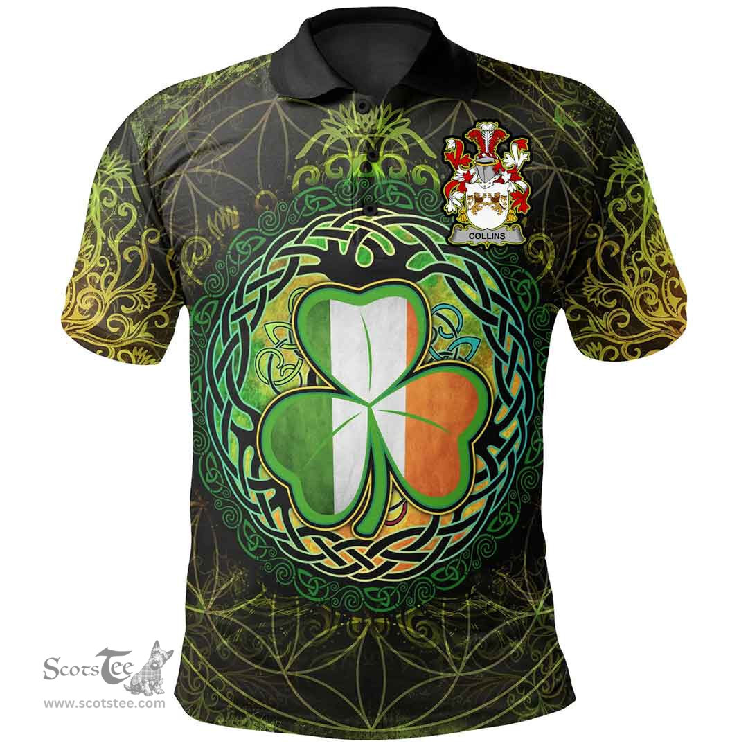 ScotsTee Shop Irish Collins Coat of Arms Irish Polo Shirt Circle Celtic Tree And Shamrock