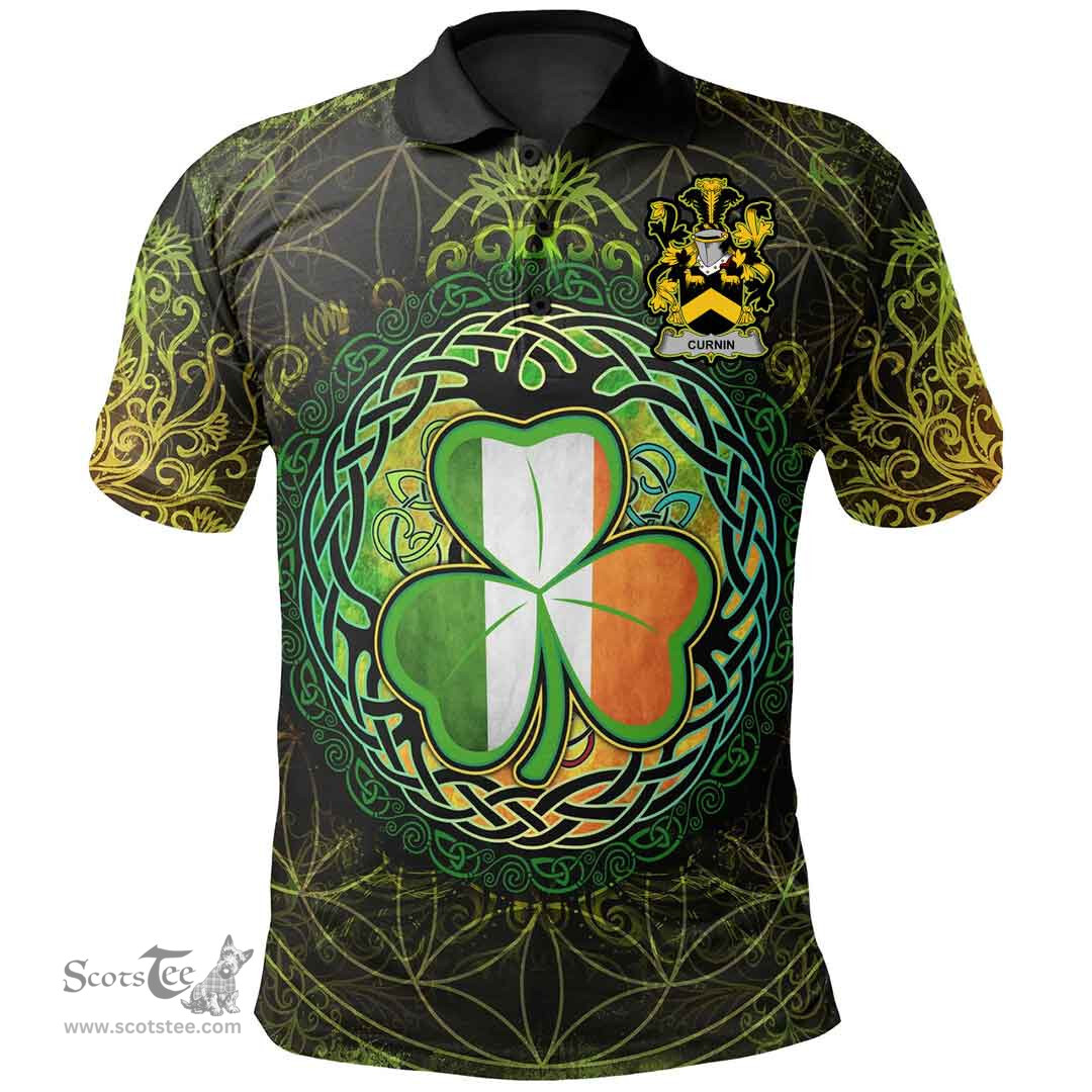 ScotsTee Shop Irish Curnin or O'Curneen Coat of Arms Irish Polo Shirt Circle Celtic Tree And Shamrock