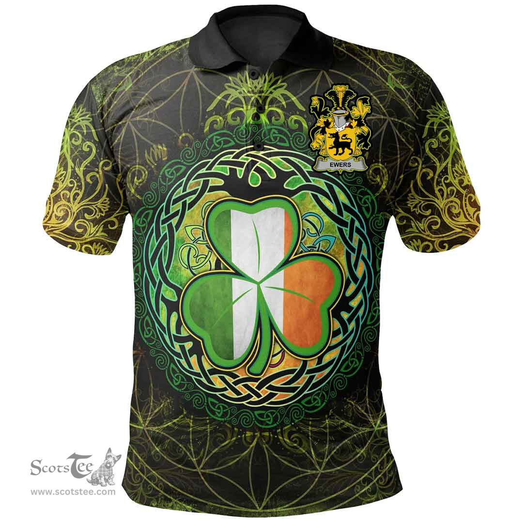 ScotsTee Shop Irish Ewing Coat of Arms Irish Polo Shirt Circle Celtic Tree And Shamrock