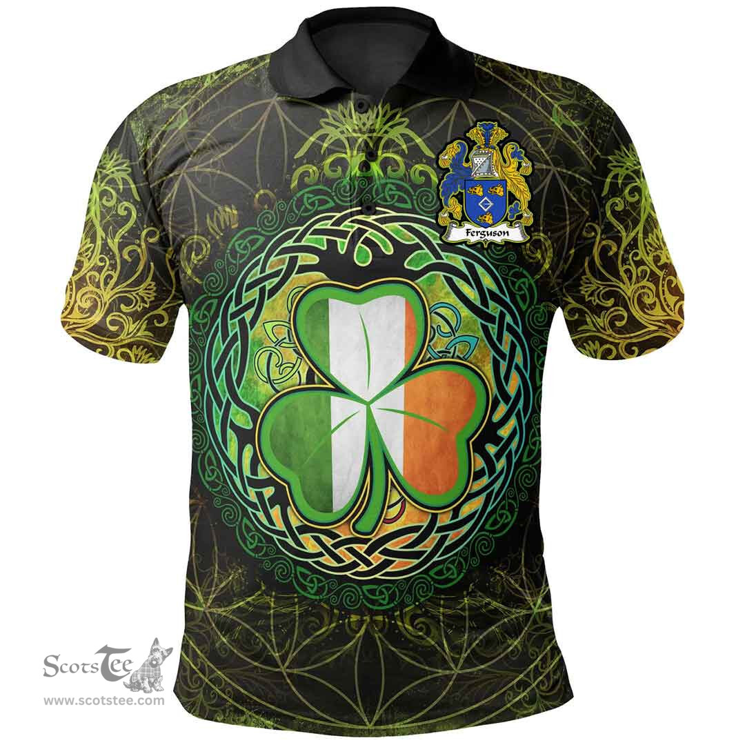 ScotsTee Shop Irish Ferguson Coat of Arms Irish Polo Shirt Circle Celtic Tree And Shamrock
