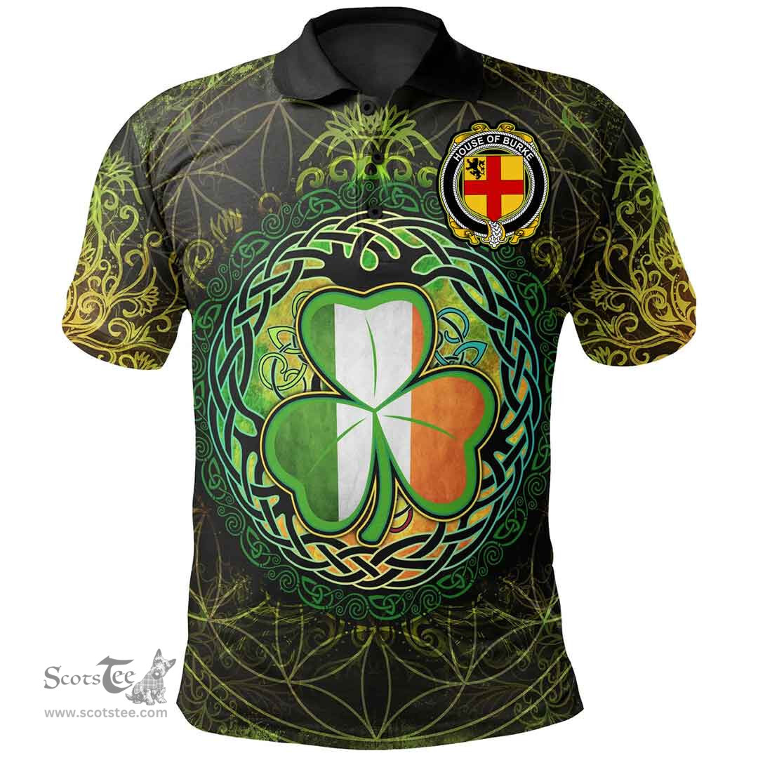 ScotsTee Shop Irish House of BURKE Coat of Arms Irish Polo Shirt Circle Celtic Tree And Shamrock